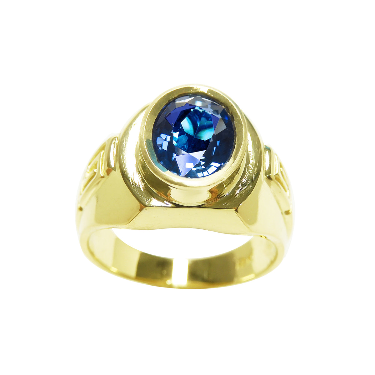Men's Genuine Sapphire Ring Sparkling Medium Dark Blue Color Oval Shaped in Solid 14K Yellow Gold