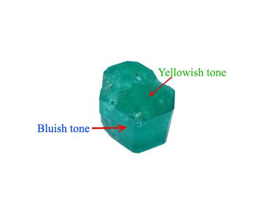 A natural colombian emerald on the rough labeled 'Yellowish tone on one side and 'Bluish tone' on the other side.