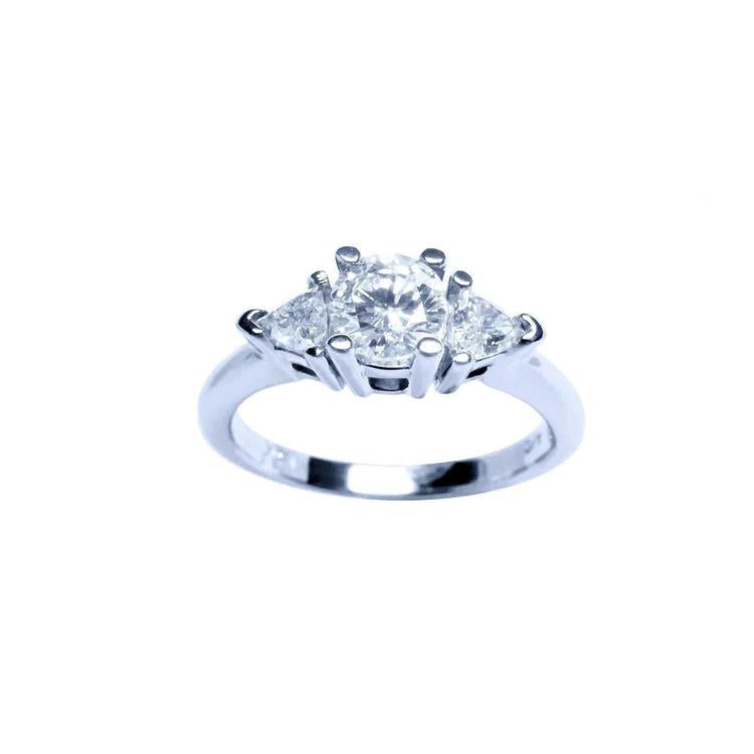 14K white gold engagement ring with a round center diamond and two trillion side diamonds.