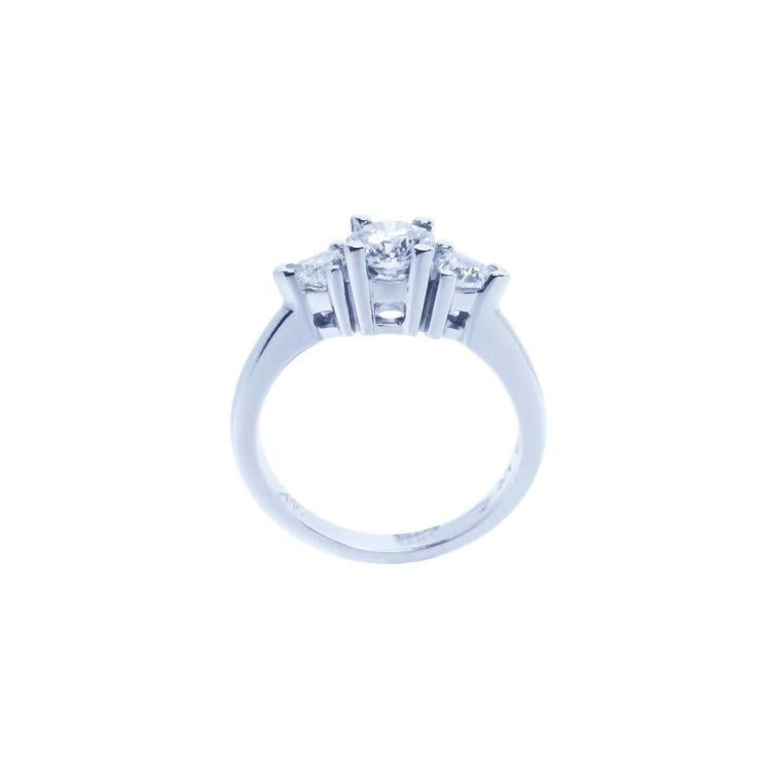 14K white gold engagement ring with a round cut center diamond and two trillion side diamonds.