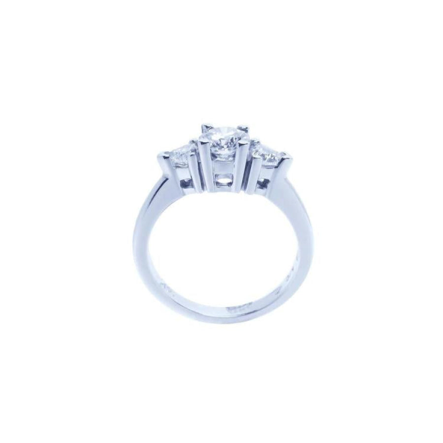 14K white gold engagement ring with a round cut center diamond and two trillion side diamonds.