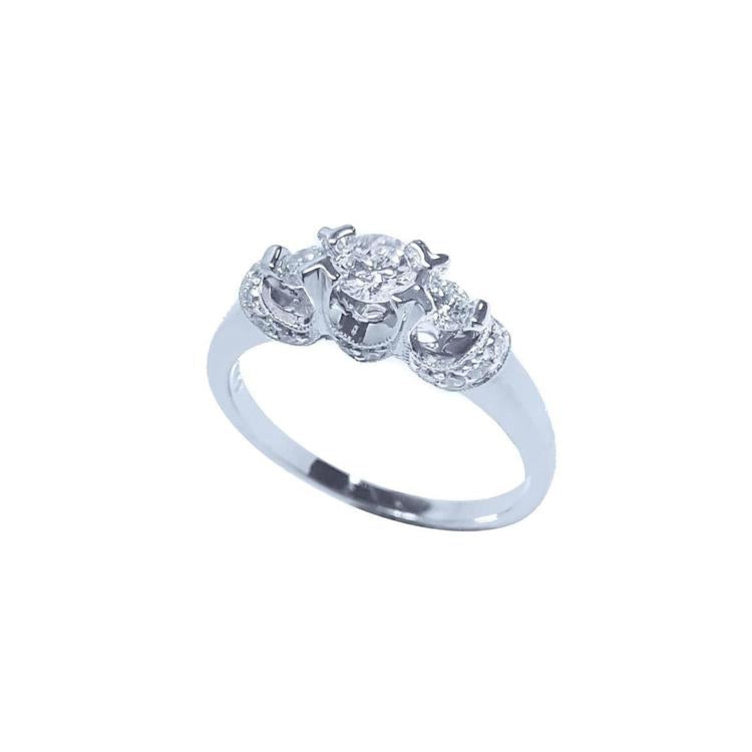 14K white gold three-stone engagement ring with round cut natural diamonds and pave accents.