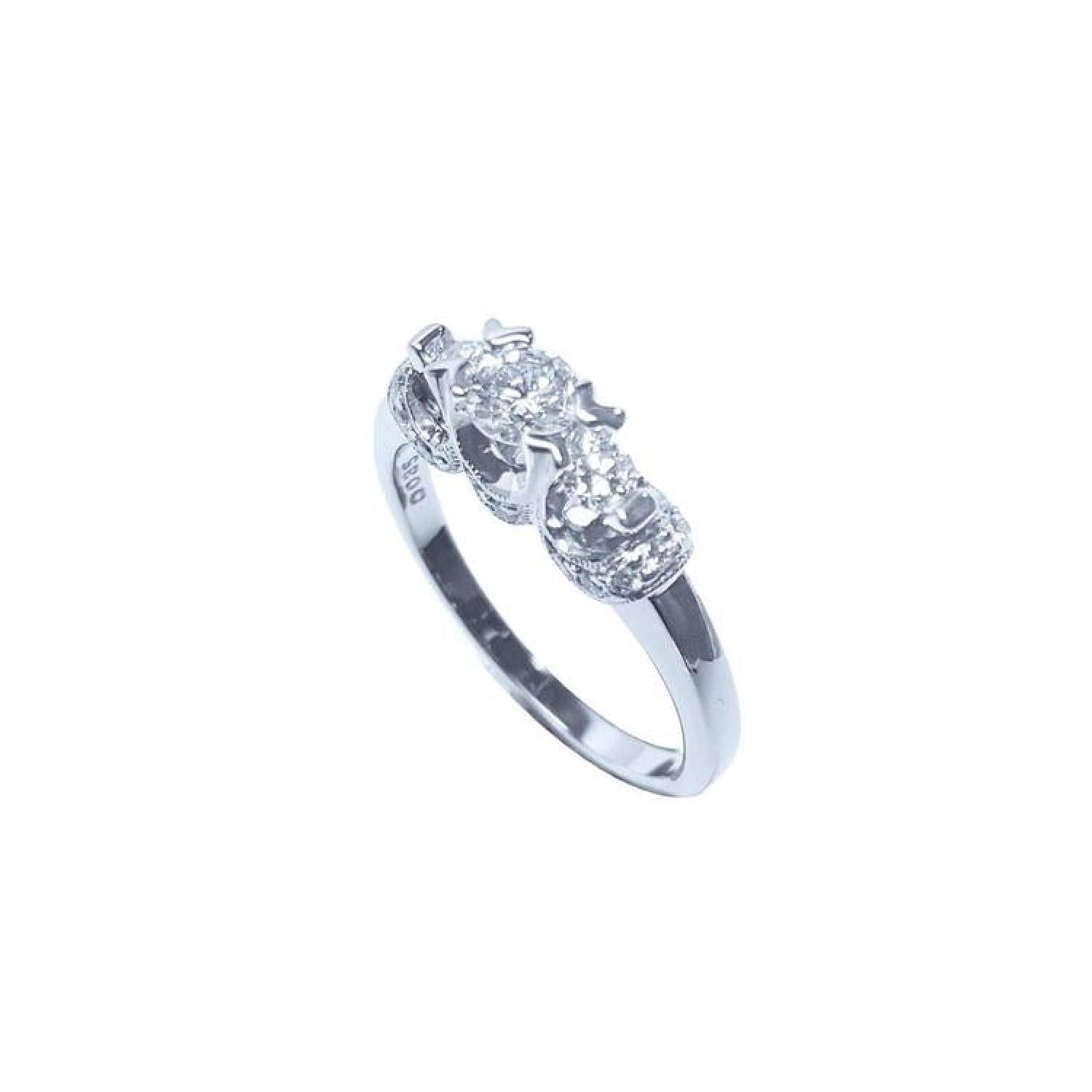 14K white gold three-stone round cut diamond engagement ring with pave set accent diamonds.