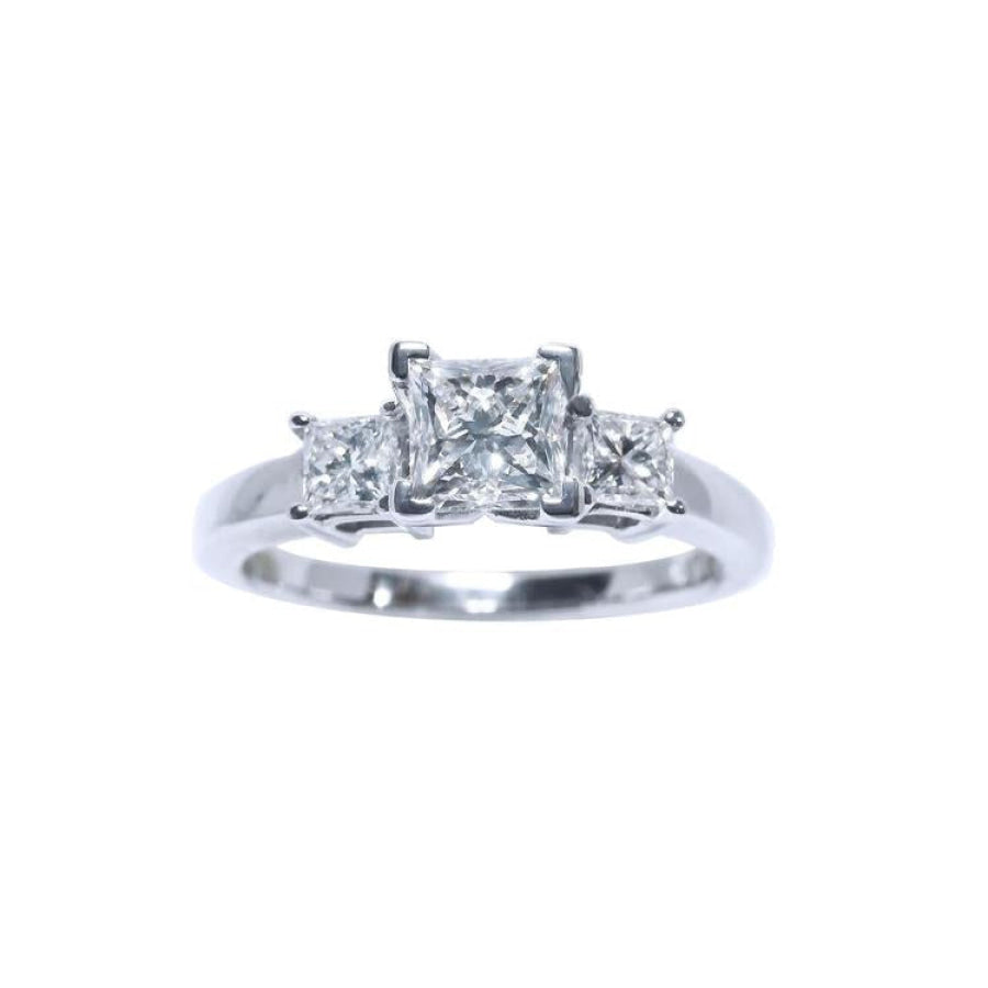 Princess cut diamond ring side diamonds three stone crafted in 14k white gold.