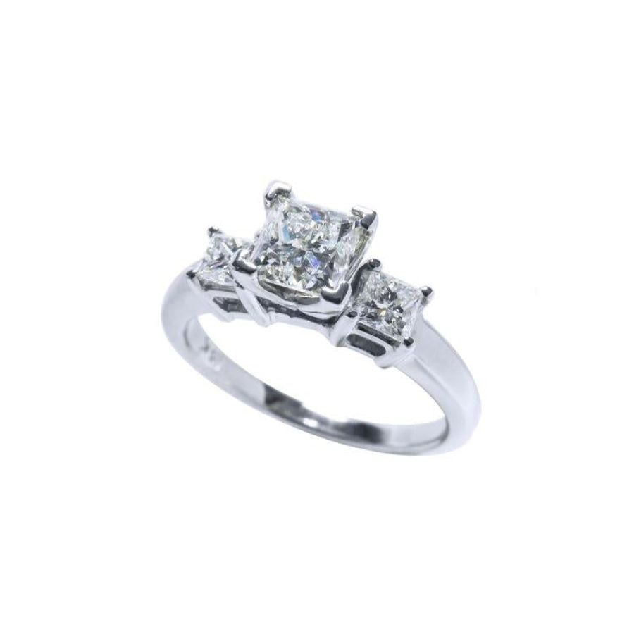 White gold 14K three-stone princess cut diamond ring with a large center stone.