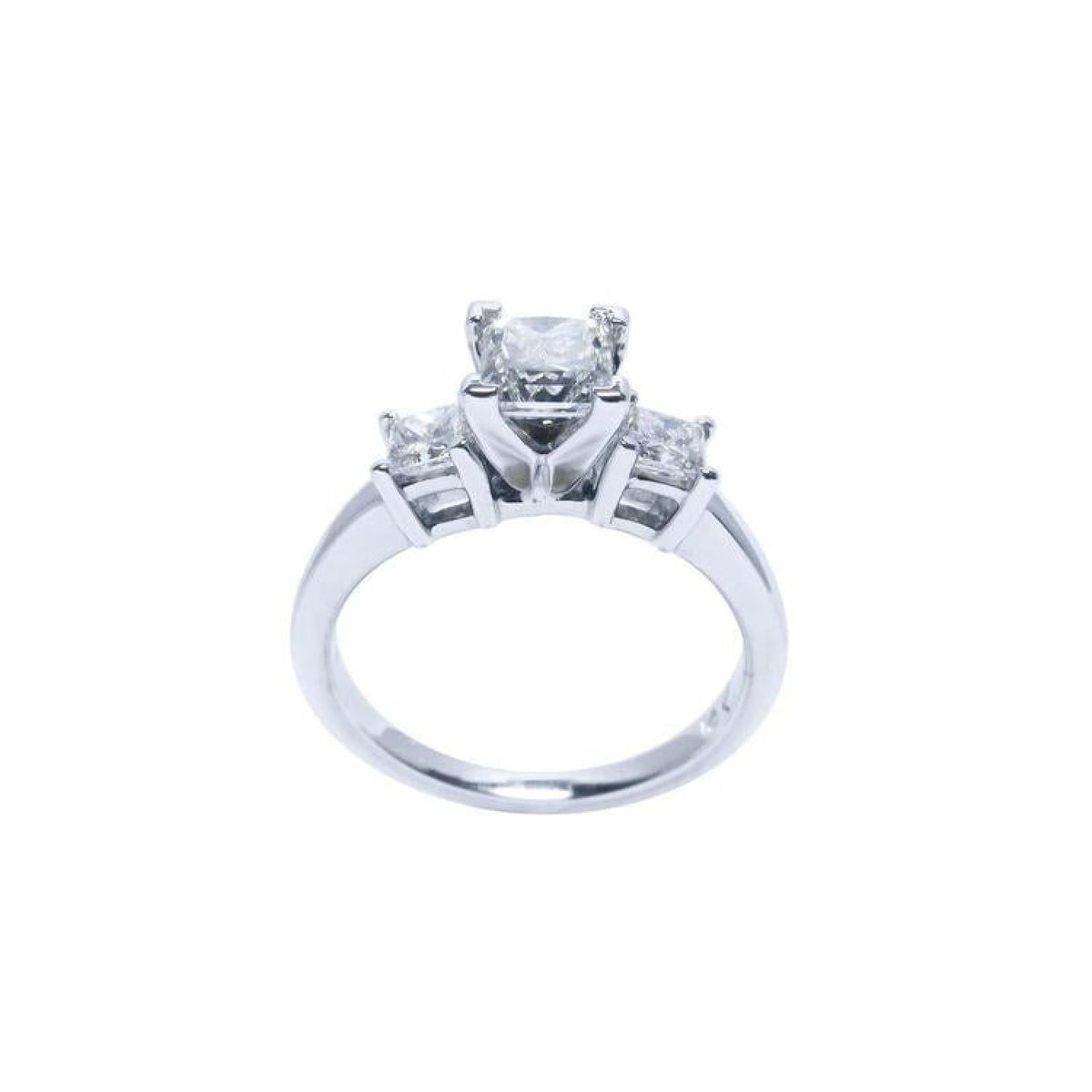 14K white gold ring with a princess cut three-stone diamond design.