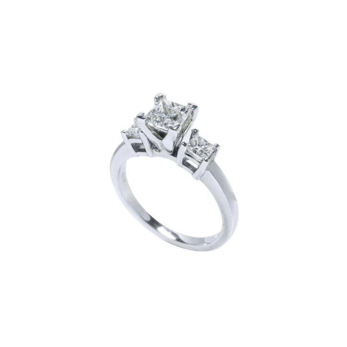 White gold 14K three-stone ring with a large princess cut diamond flanked by two smaller princess cut diamonds.