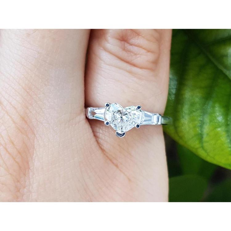Engagement ring heart cut diamond side baguette