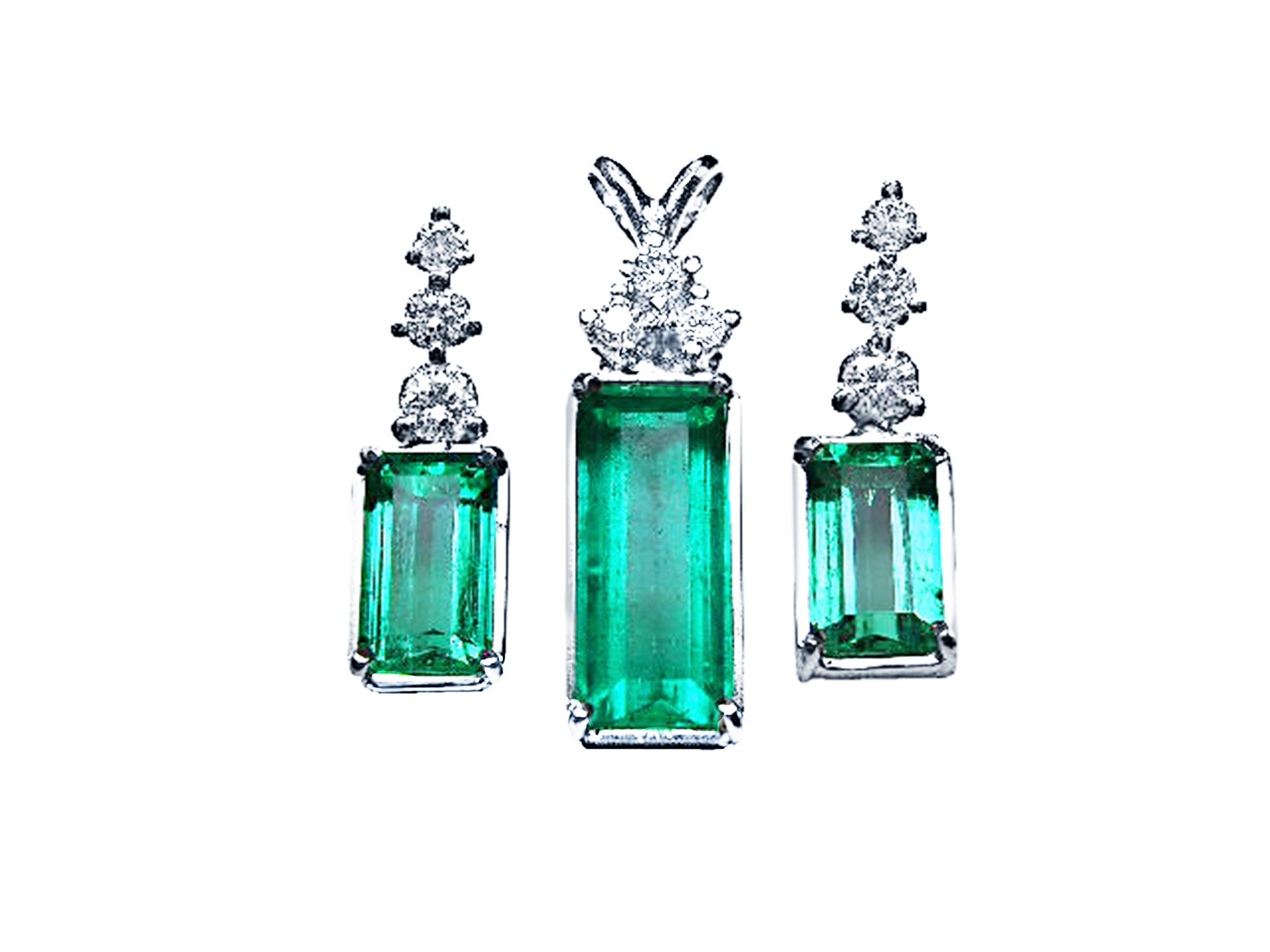 14k white gold emerald earrings and pendant set