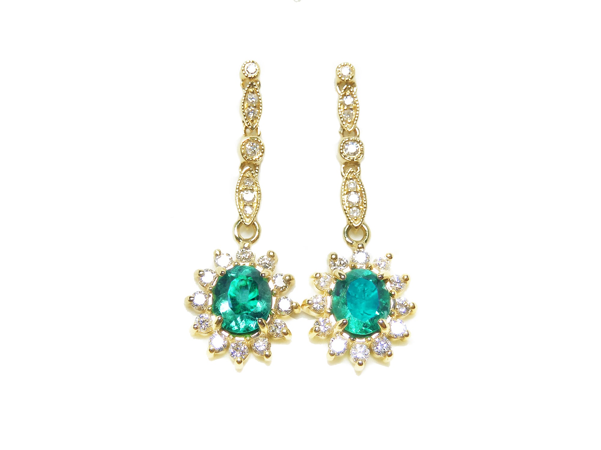 Emerald halo diamond dangle earrings