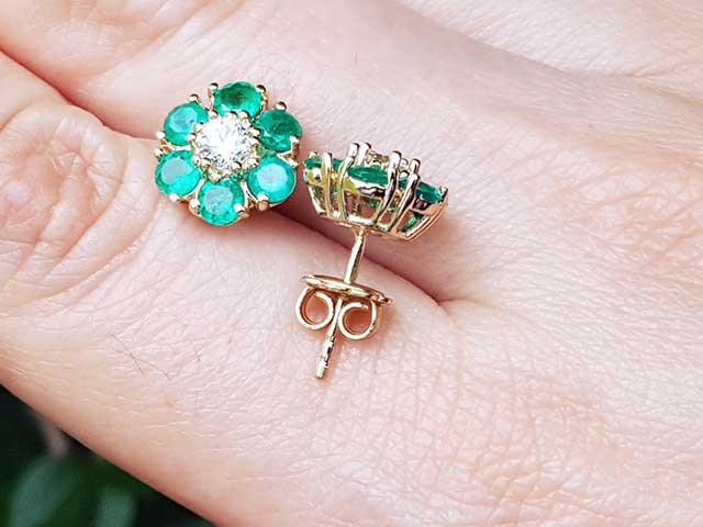 Round cut cluster emerald earrings