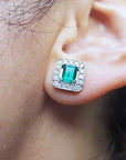 Emerald-cut halo diamond emeald earrings