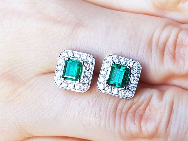 Emerald and diamond stud earrings