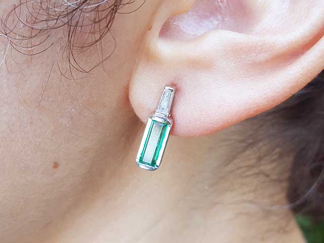 Real emerald and diamond baguette cut earrings