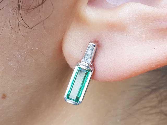 Real emerald baguette cut earrings for sale