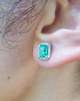 Halo diamond emerald stud earrings