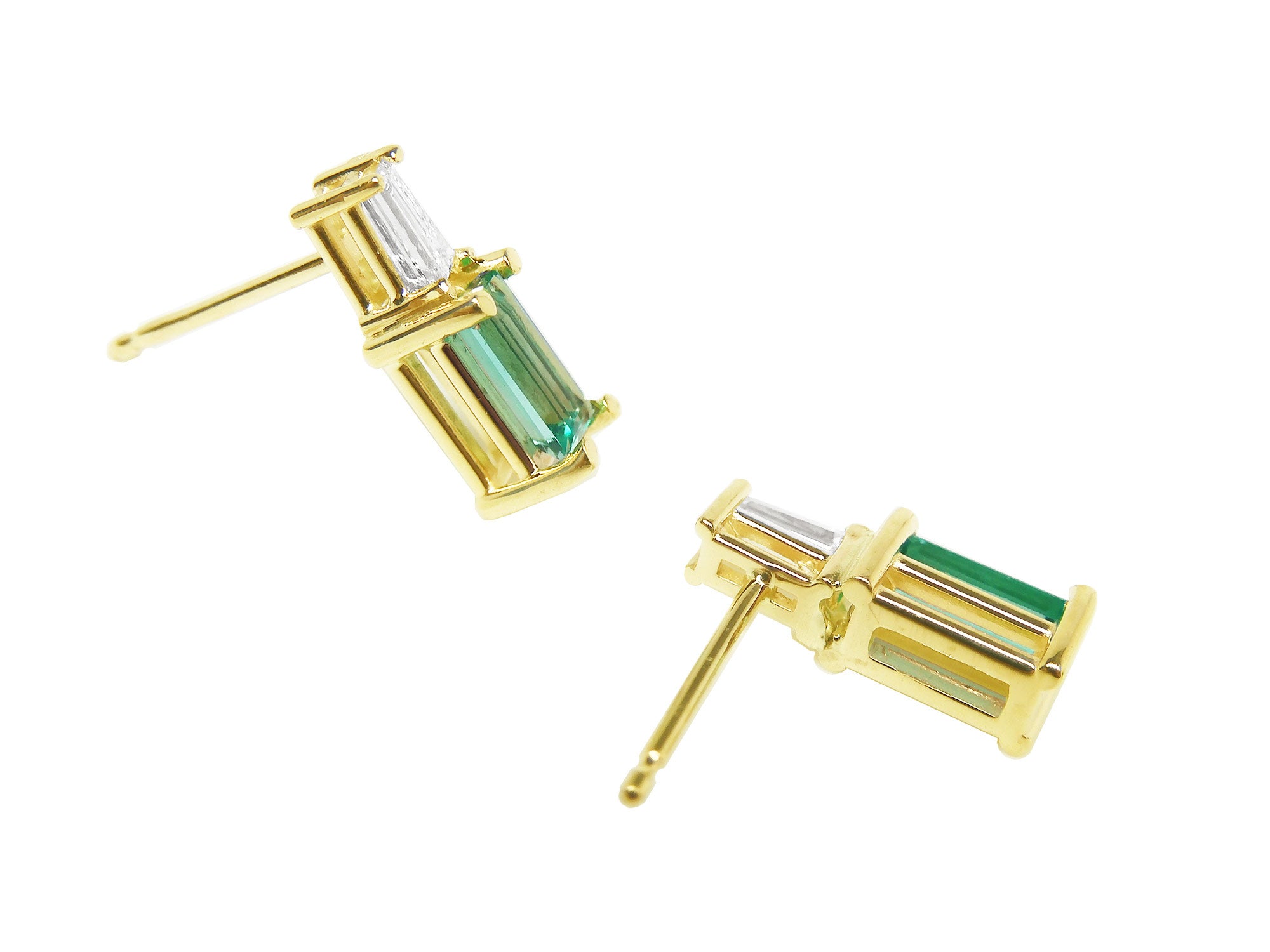 14k gold baguette cut emerald and diamond stud earrings