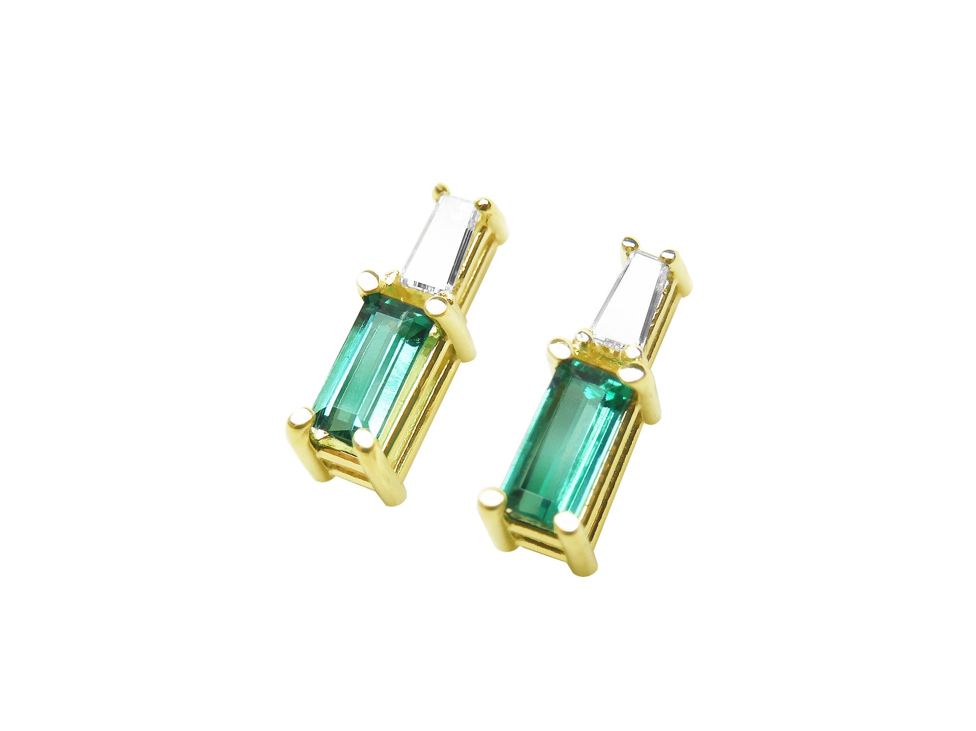 May&#39;s birthstone baguette cut emerald and diamond stud earrings