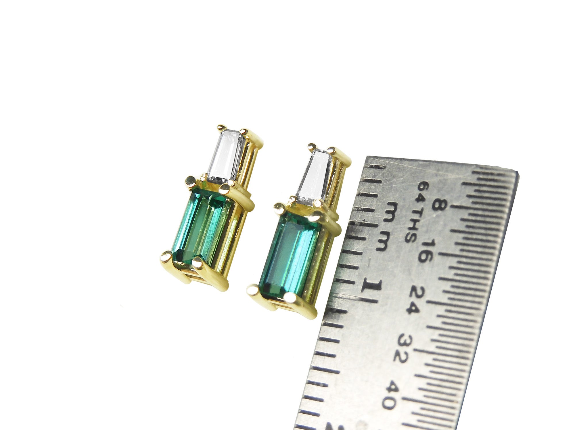 Yellow gold baguette cut emerald and diamond stud earrings