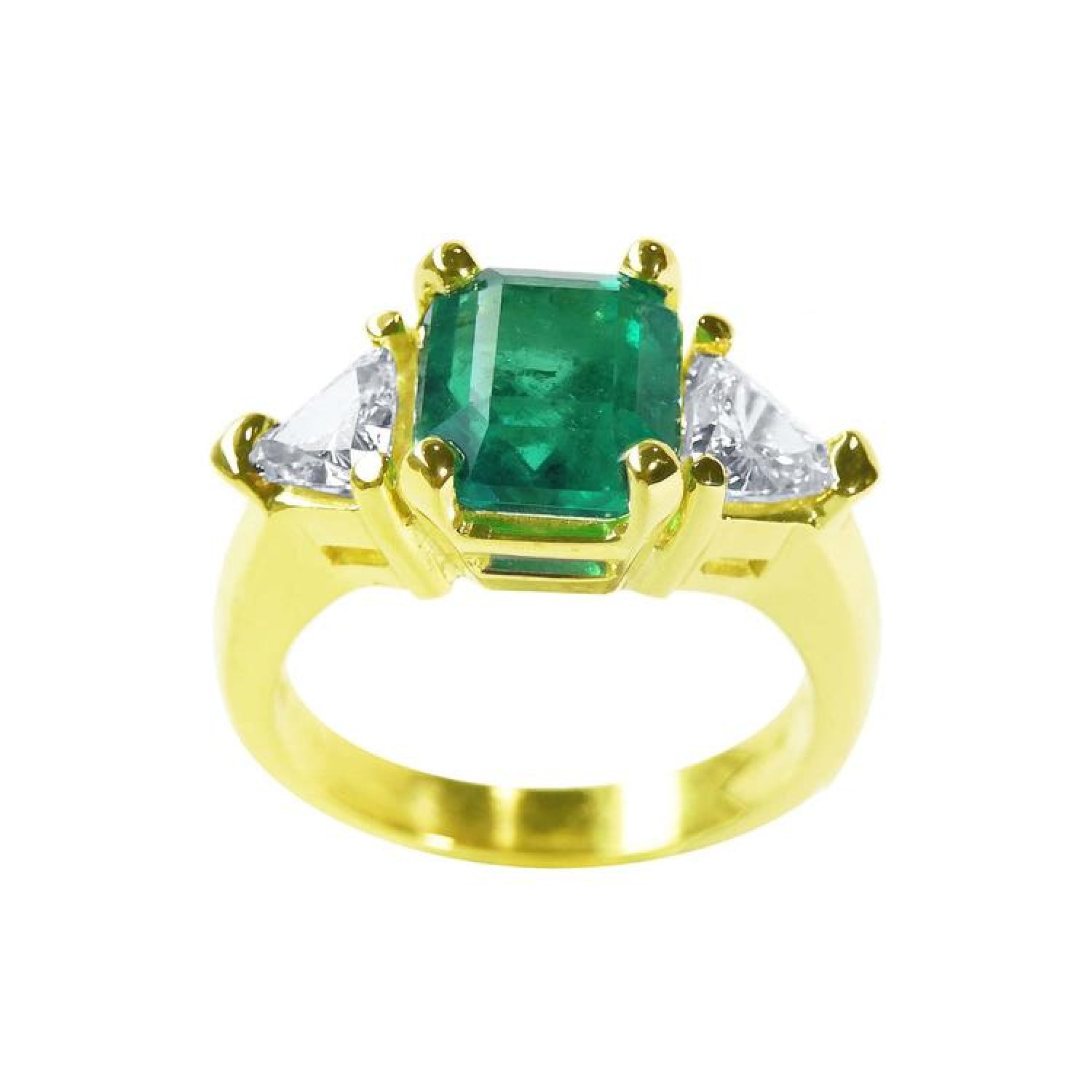 18K yellow gold ring with a GIA certified emerald and side trillion-cut diamonds.