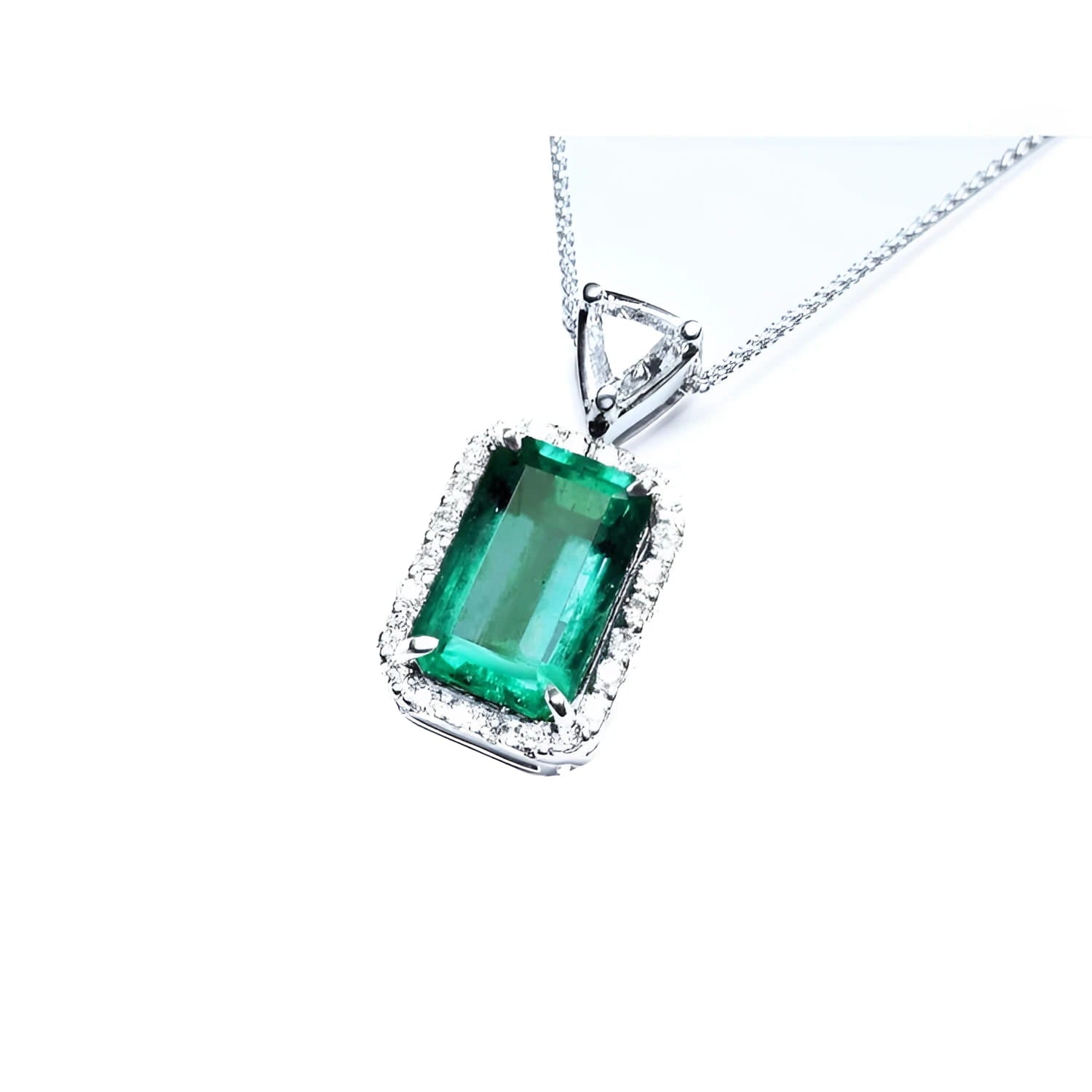 GIA certified Colombian emerald pendant with medium-deep green emerald-cut gem and diamond halo in 18K white gold.