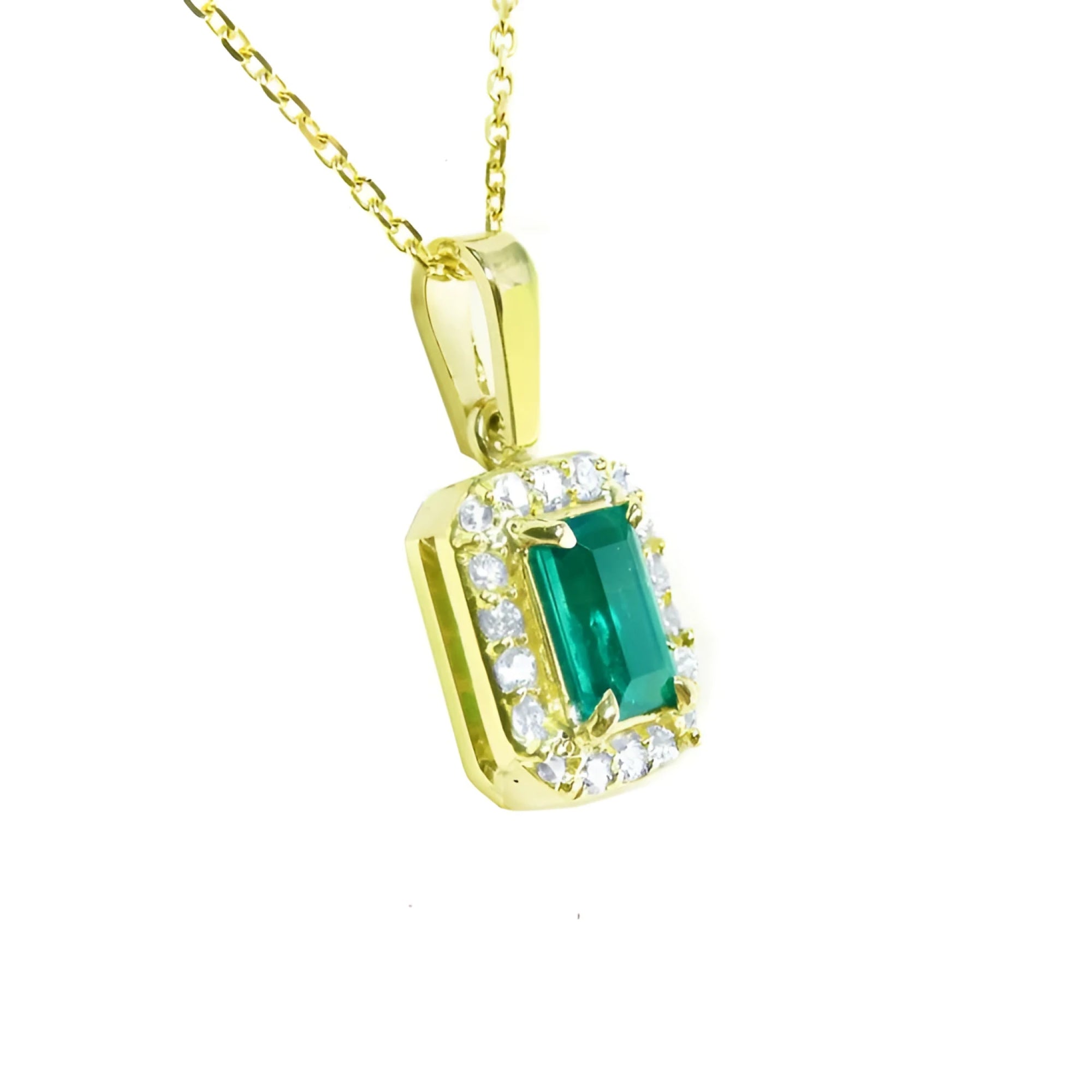 0.75 ct. GIA certified F1 Colombian emerald pendant in 18k yellow gold with diamond halo.