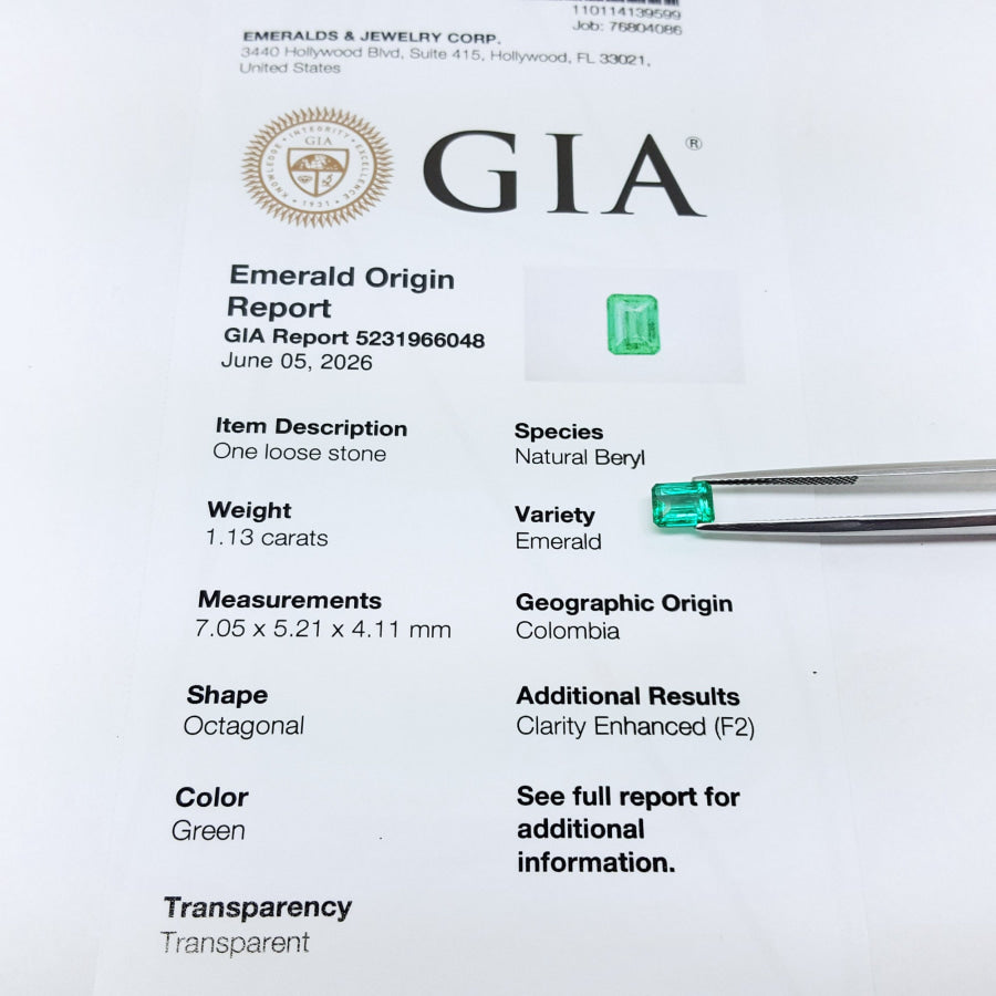 GIA emerald origin report F2 natural Muzo Colombian emerald.