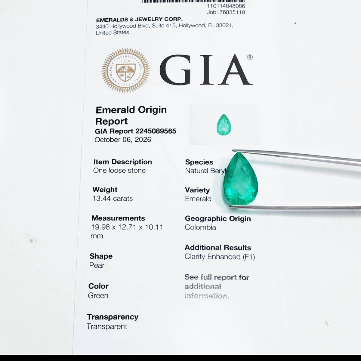 GIA report F1 natural colombian emerald from the Muzo mines.