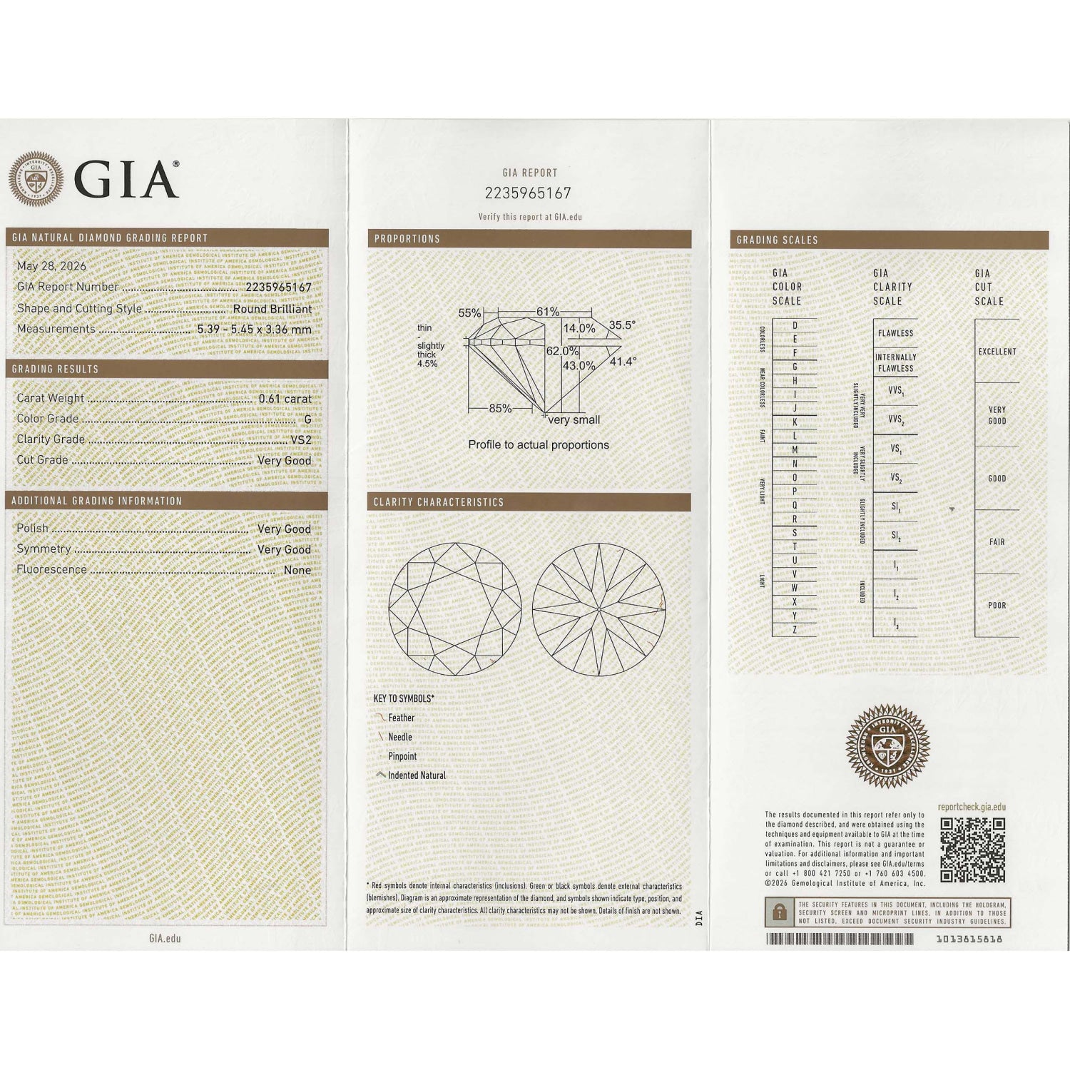 GIA diamond report with detailed measurements and grading on a white background