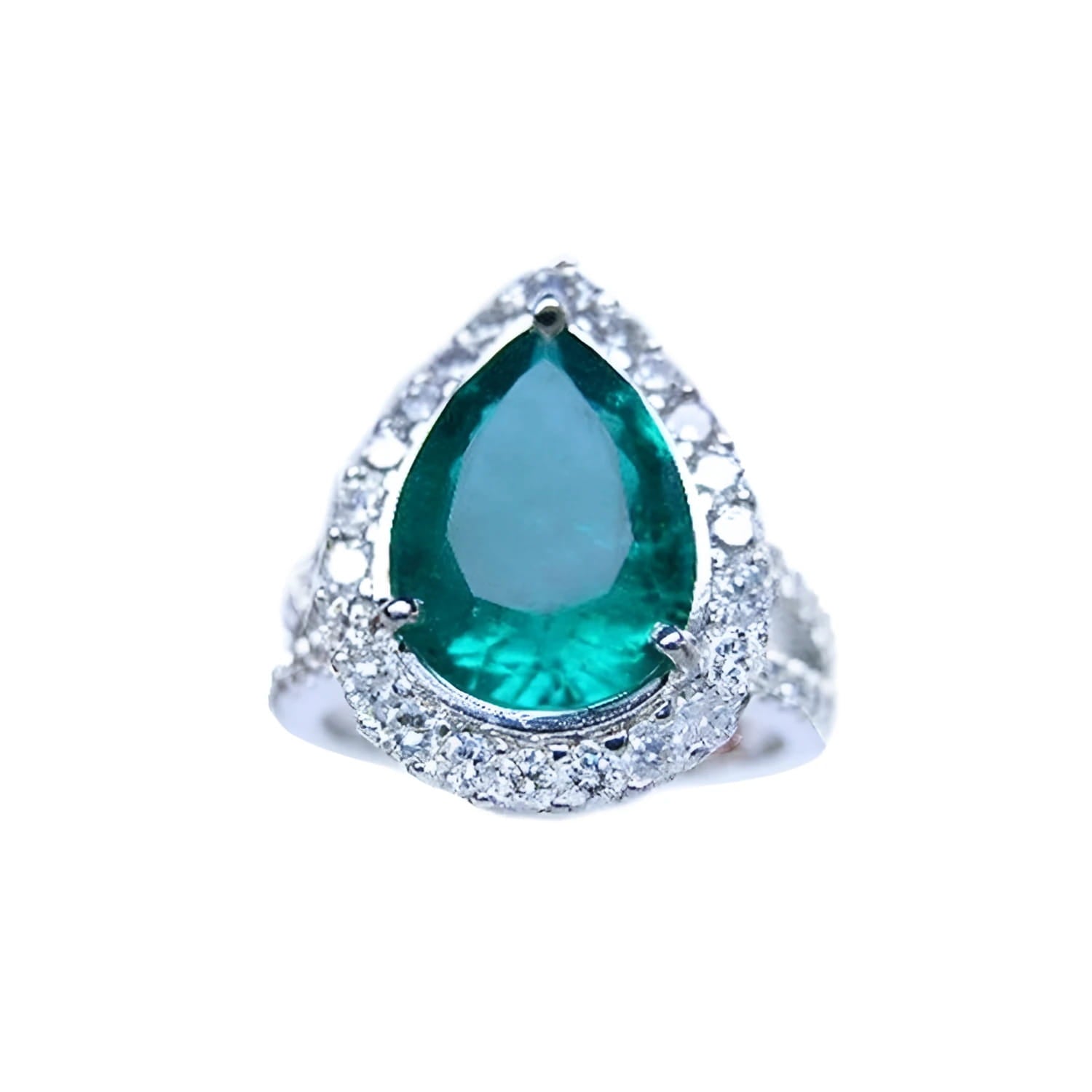 A GIA certified pear shaped natural colombian emerald ring for women with a halo of genuine diamonds in 18k white gold.