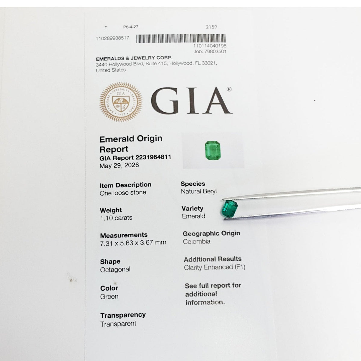 GIA report of natural colombian emerald F1, ladies emerald ring.