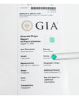 A GIA Emerald Origin Report card for a 1.55 ct. emerald-cut gemstone, with tweezers holding the emerald shown next to the report details.