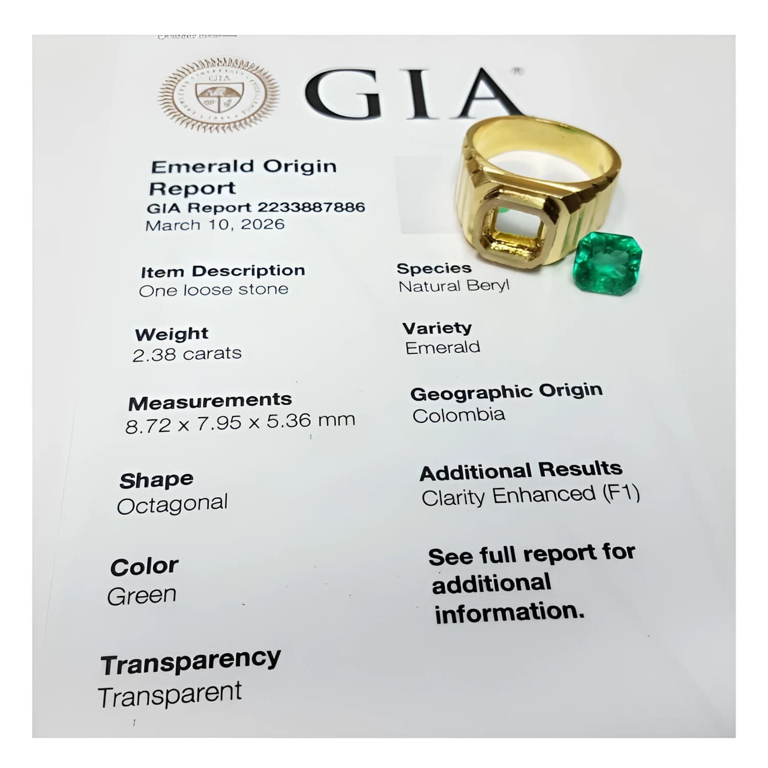 GIA certified 2.38 ct. octagonal emerald and 18K yellow gold men's ring with a full bezel setting.