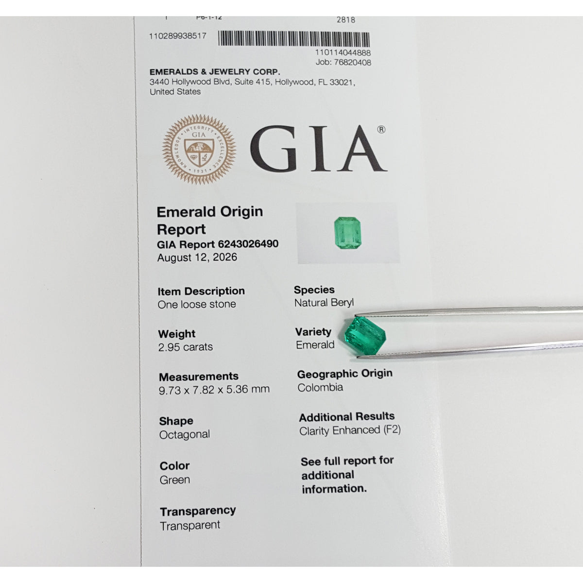 2.95 ct. Muzo Mine GIA Certified Loose Colombian Emerald