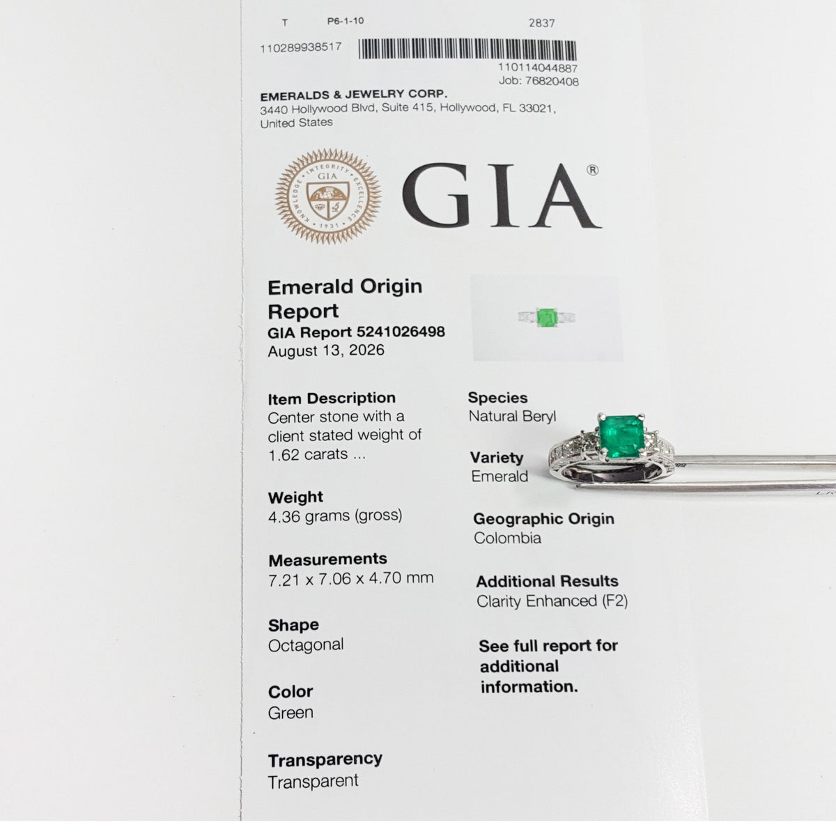 GIA report colombian emerald ring