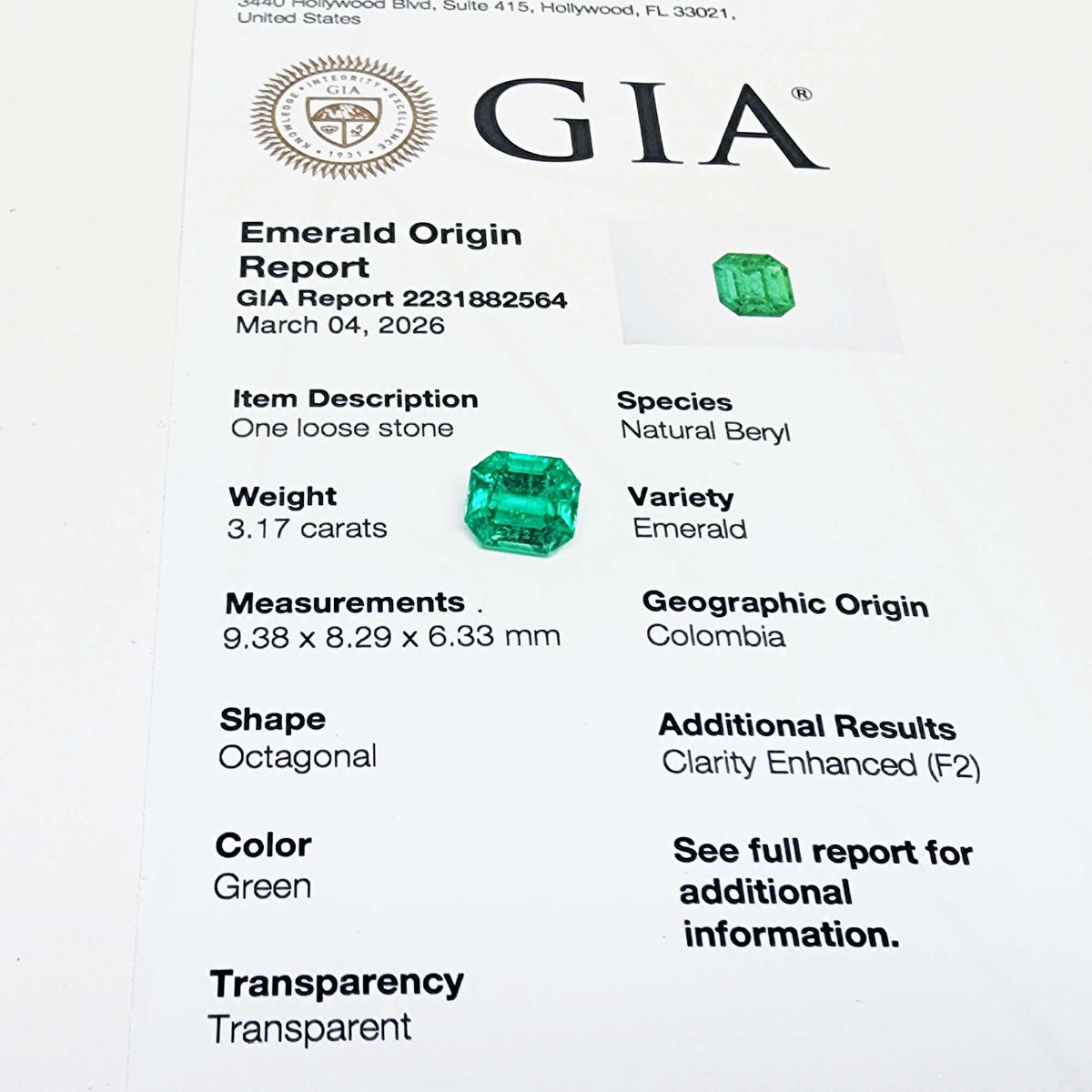 GIA emerald origin report with details of a natural beryl emerald stone.