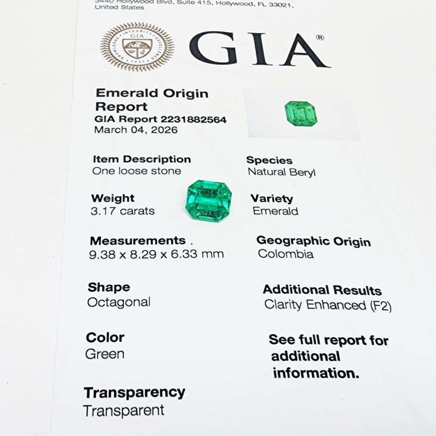 GIA certified 3.17 ct. octagonal loose Colombian emerald with origin report.