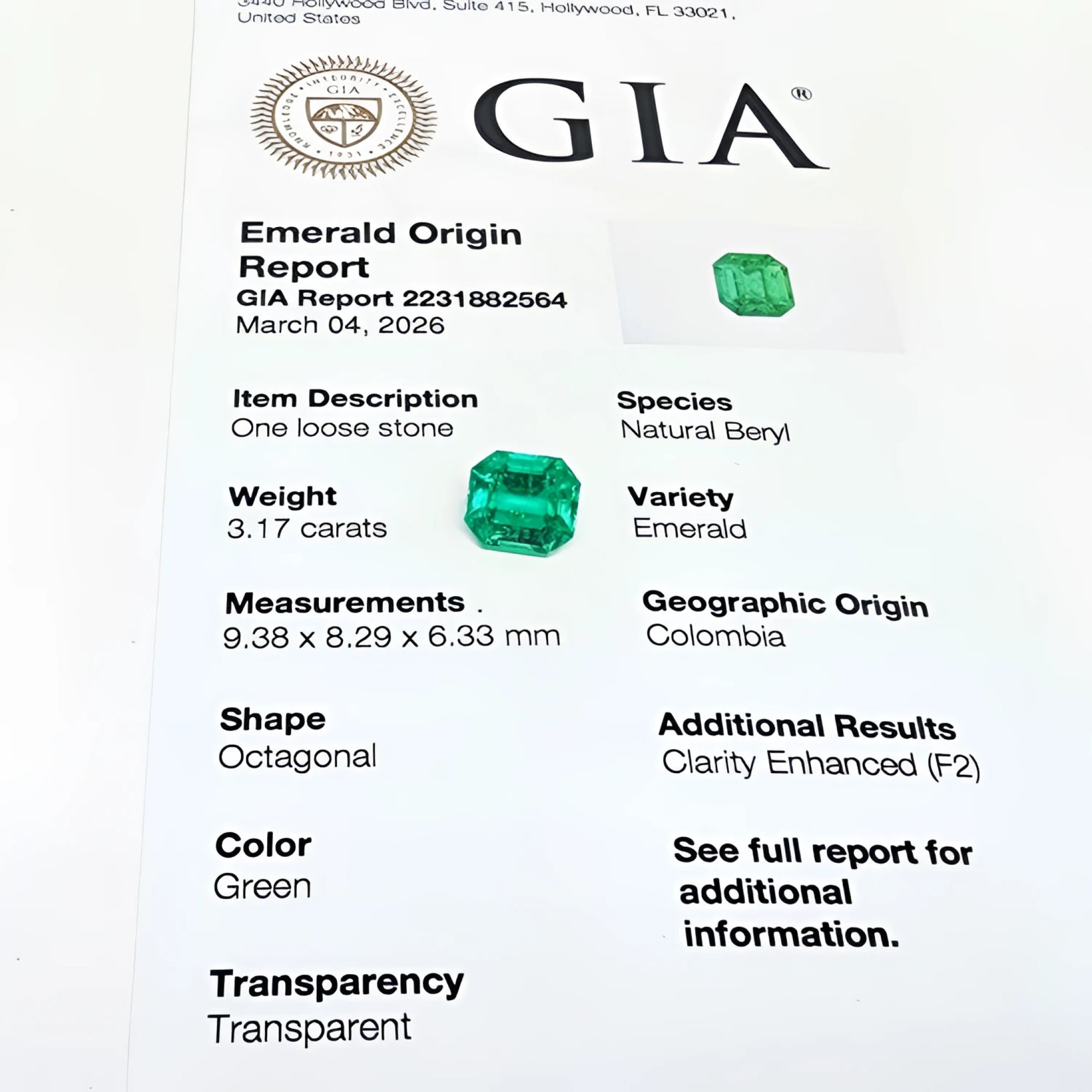 GIA certified 3.17 ct. octagonal loose Colombian emerald with origin report.