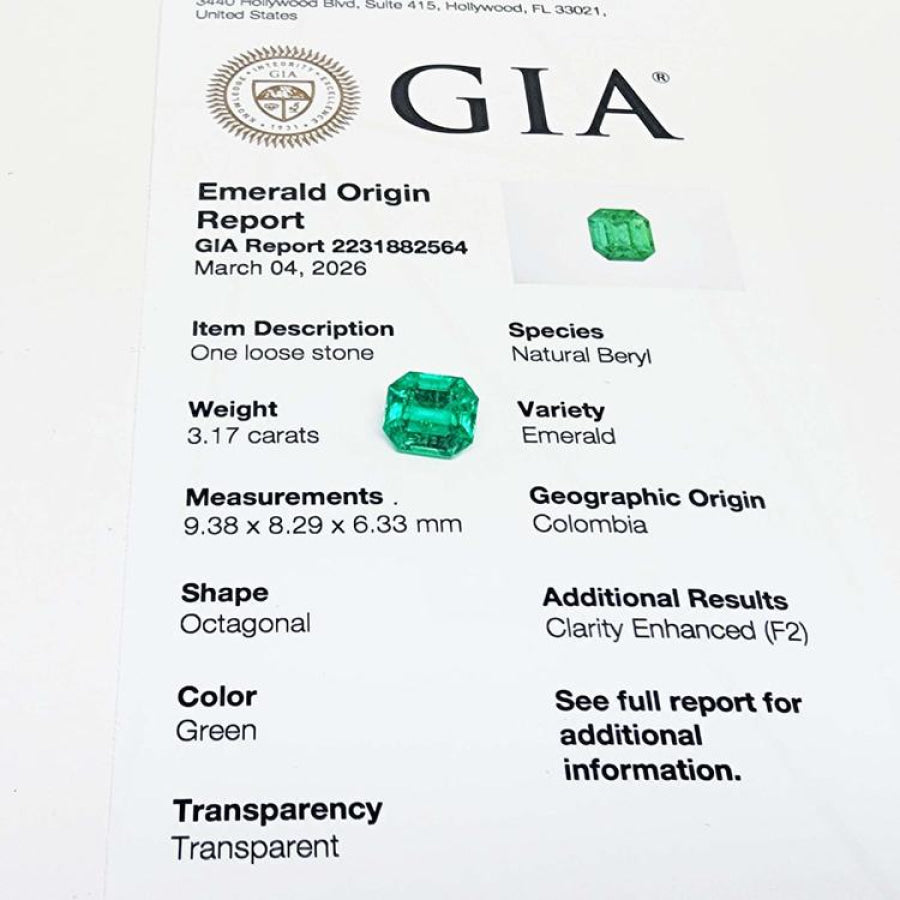 GIA certified 3.17 ct. octagonal loose Colombian emerald with origin report.