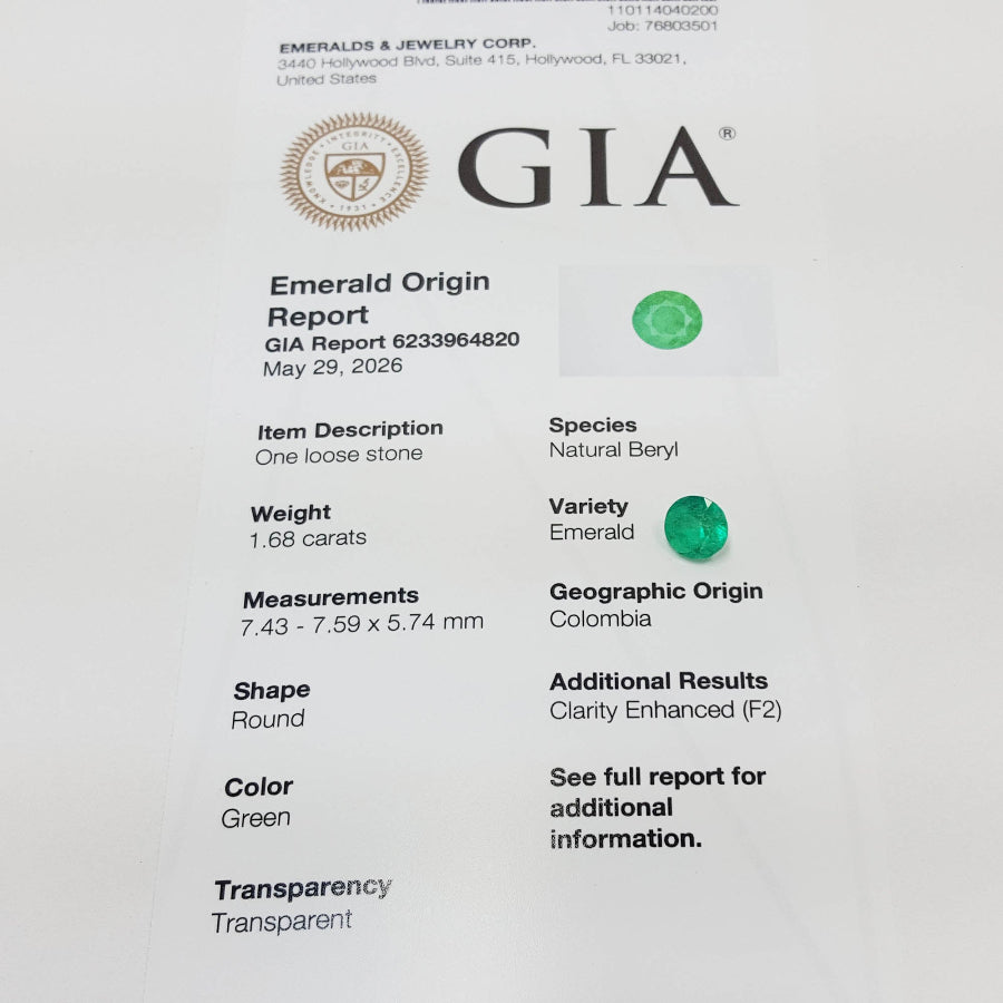 A GIA Emerald Origin Report card for a loose natural colombian emerald, showing details like weight, measurements, shape, and color.