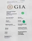 A GIA Emerald Origin Report card for a loose natural colombian emerald, showing details like weight, measurements, shape, and color.