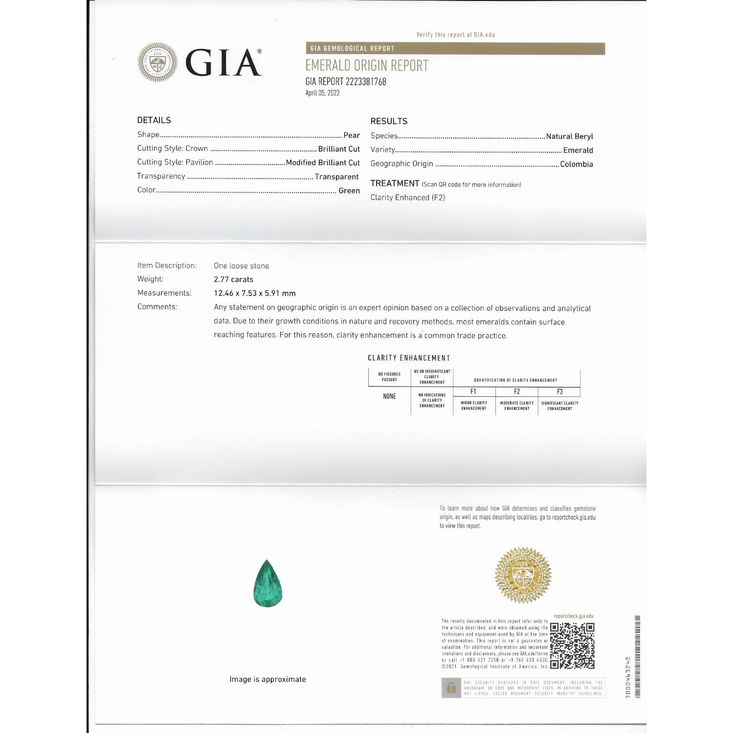 A GIA Emerald Origin Report card for a 2.77 carat loose emerald, showing detailed specifications, a clarity enhancement chart, and a green gemstone inset.
