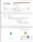A GIA Emerald Origin Report card for a 2.77 carat loose emerald, showing detailed specifications, a clarity enhancement chart, and a green gemstone inset.