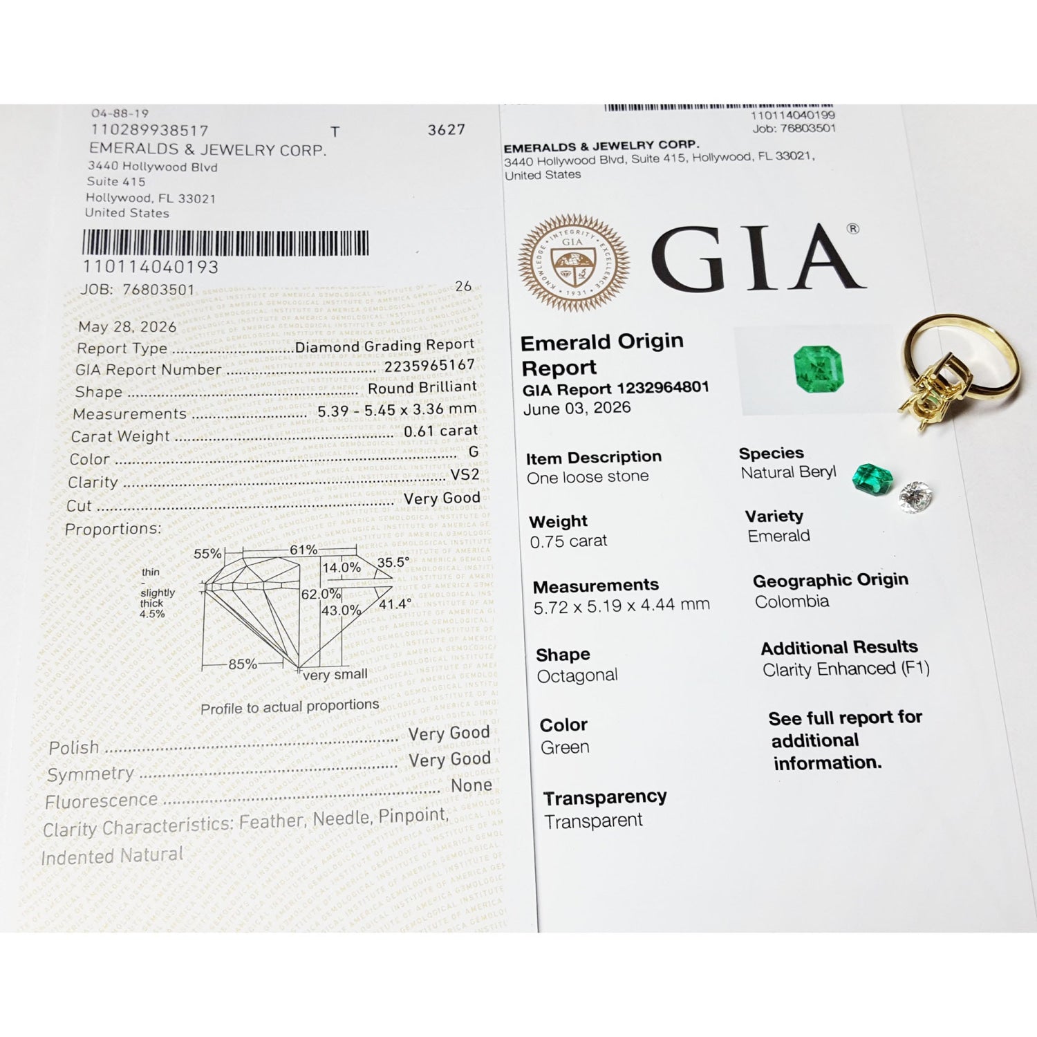 GIA diamond grading report and emerald origin report with a gold ring featuring a green gemstone on a white background.