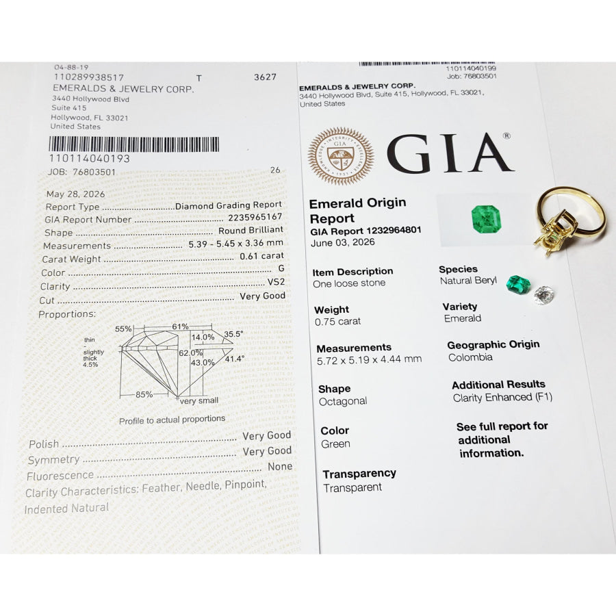 GIA diamond grading report and emerald origin report with a gold ring featuring a green gemstone on a white background.