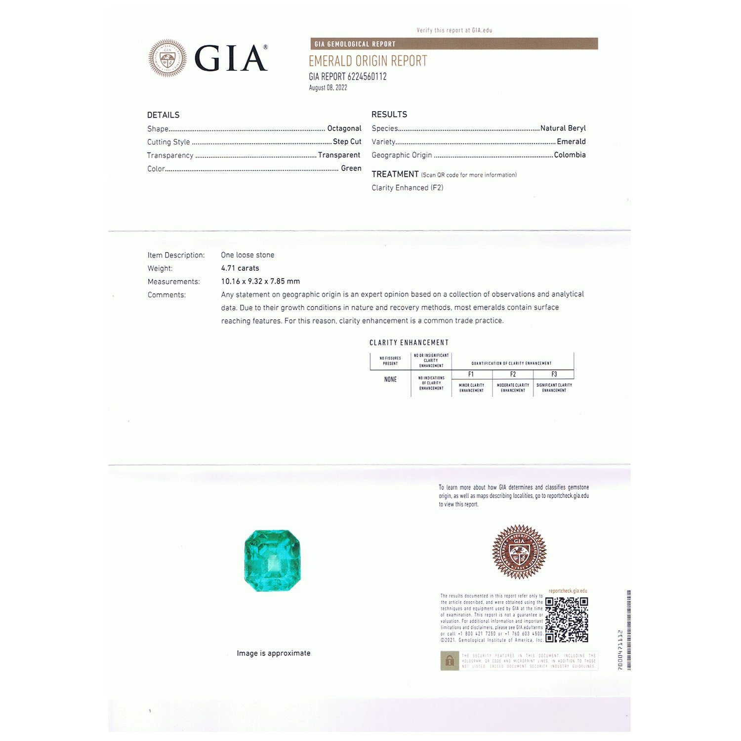 A GIA Emerald Report card page showing certification details for a 4.91 carat loose emerald, including a small inset photo of the gemstone near the bottom.