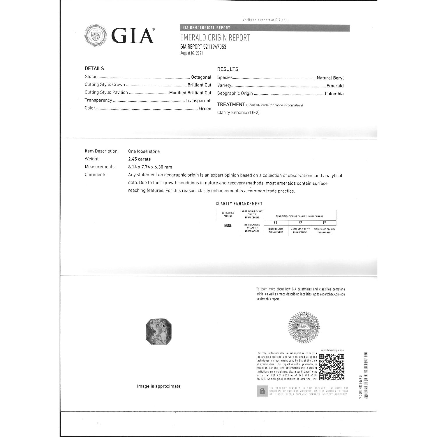 A GIA gemstone report card for an Emerald Orb, showing detailed specifications, clarity metrics, and a small inset photograph of the stone on a white background.