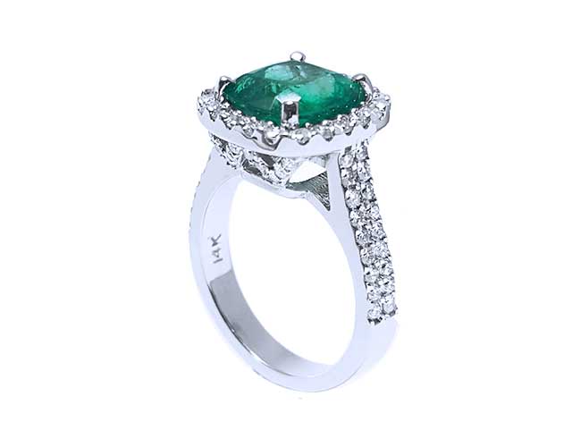 Esmeralda genuina de color verde azul en anillo de oro de 14k