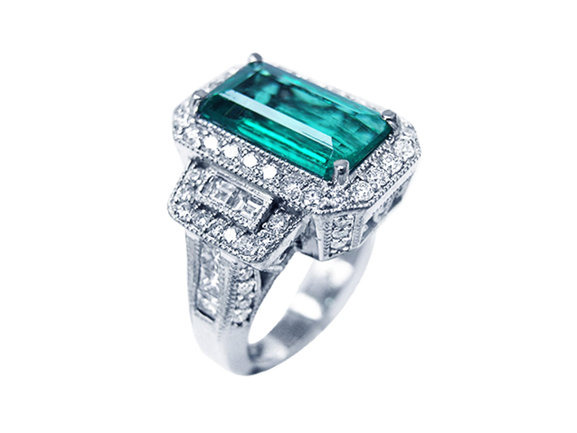 Halo diamond emerald engagement ring