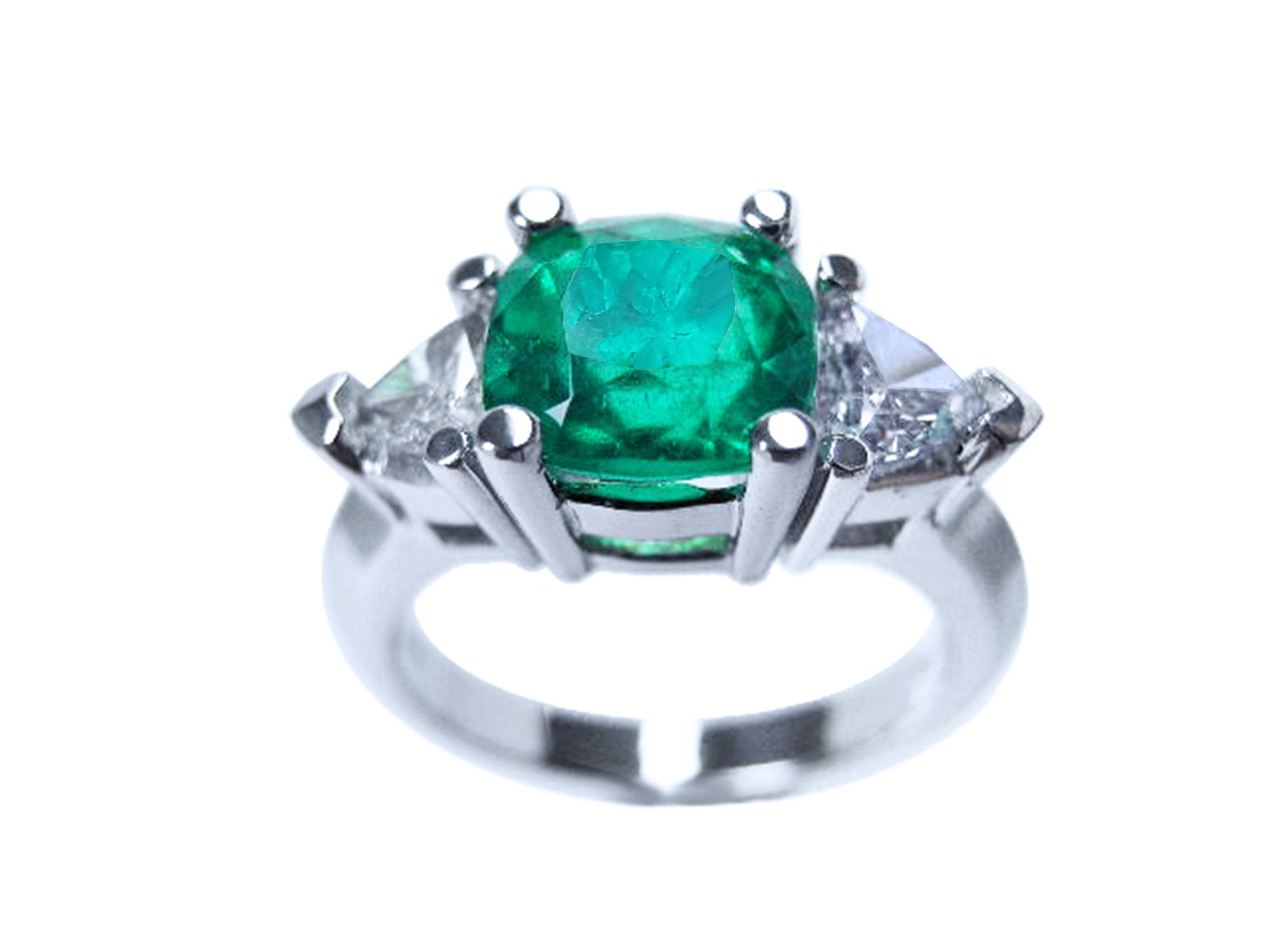 Emerald cushion cut trillion accent diamonds ring for women